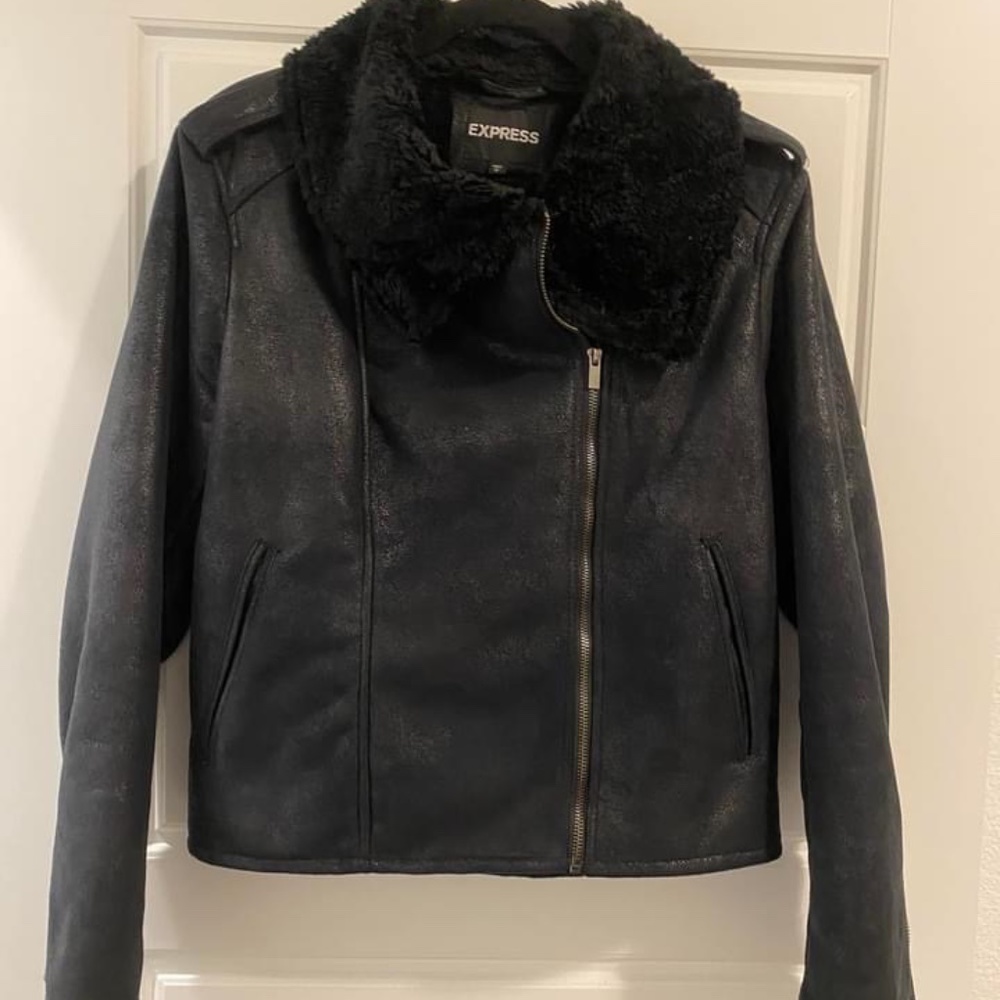 Express Womens Moto Jacket Faux Fluffy Quilted Zipper Large